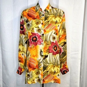 Paolo Santini 90er Boho Blumen Knopfleiste Tunika Style Langarm Seidenbluse - Bild 1 von 12