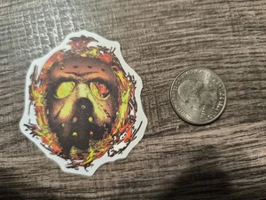 Jason Mask Surrounded by Fire Flames Sticker Halloween Horror Friday the 13th !! - Picture 1 of 3