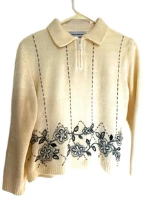 Alfred Dunner Collared Sweater Cream White Embroidered Gray Floral Petite Sz PL - Picture 1 of 4