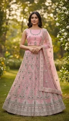 Sari Lehenga Choli Bollywood Rosa Lehenga Diseñador Fiesta Boda India Foto 1 de 3
