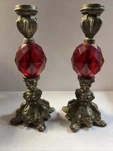 Vintage Metal and Red Lucite Candle Holders Candlesticks - Picture 1 of 5