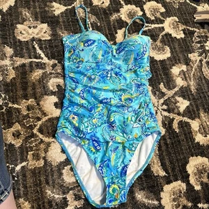 Chaps Women's Size 10 One-Piece Blue Swimsuit Paisley - Picture 1 of 9