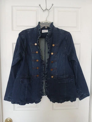 Peck & Peck Ruffled Denim Jacket w/decorative Brass & Braid Size PL Preowned ... - Image 1 of 4