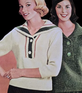 1960s Shawl Collar Stripe Button Neck Jumper Bulky Peacock 6 Knitting Pattern - Foto 1 di 3
