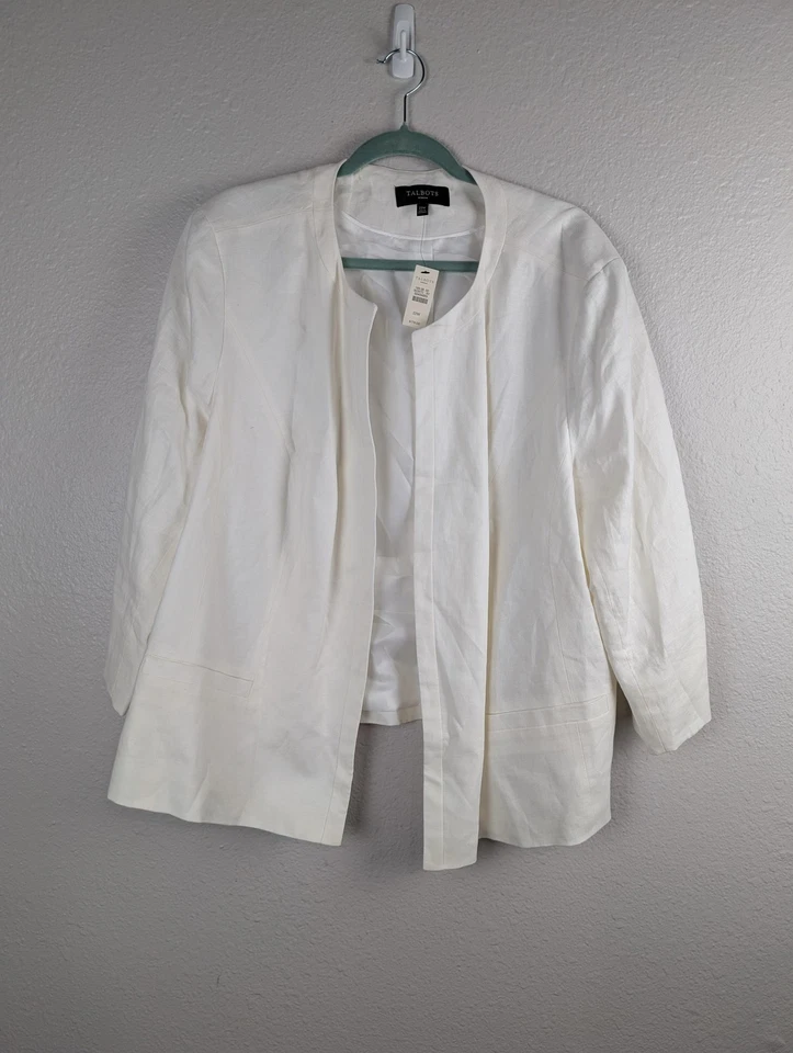 Talbots Blazer Womens 22W White Linen Open Front Lightweight Lined Jacket NWT - Image 1 of 4