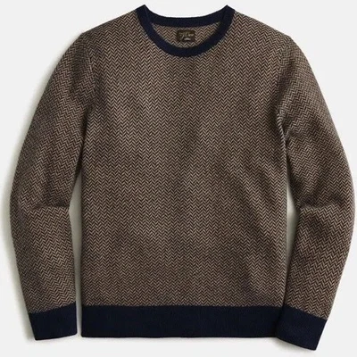 J.Crew Cashmere Herringbone Jacquard Crewneck Sweater Men's Small Navy & Tan NWT - Image 1 of 4