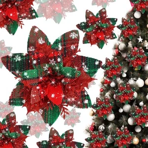 Glitter Christmas Poinsettia Artificial Xmas Flower Ornaments Flowers Decorat... - Picture 1 of 6