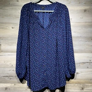Talbots Plus 3X Tunic Top Blouse Chiffon Navy Blue Anchor Pattern Button-Up - Picture 1 of 8