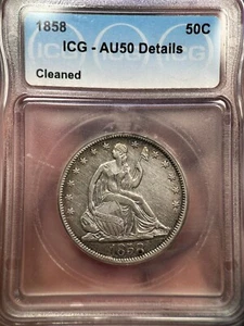 💥1858 Seated Liberty Half Dollar ICG AU50 Details Cleaned💥 - Picture 1 of 4
