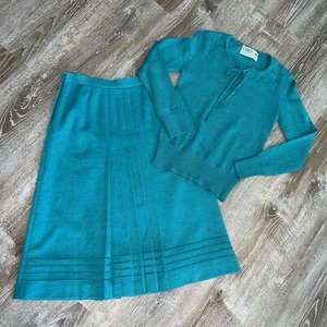 Vintage 1960er Ciao Ltd 100 % reine Schurwolle Strick Pullover Rock Kleid 10 türkis grün - Bild 1 von 19