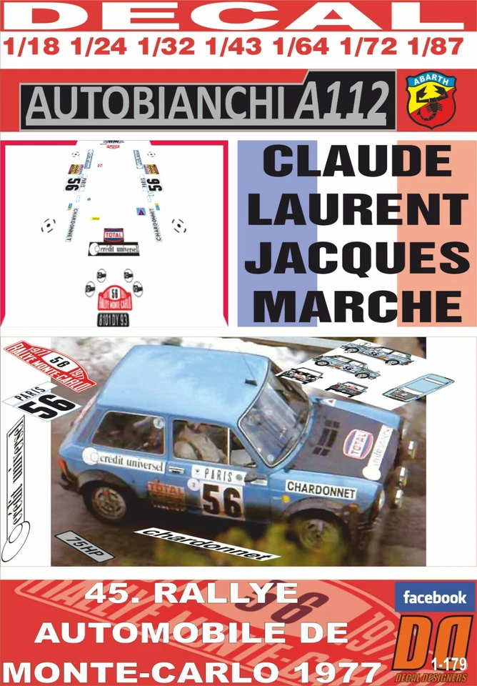 DECAL AUTOBIANCHI A112 ABARTH C. LAURENT R. MONTECARLO 1977 19th (06) - Image 1 of 1