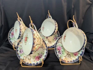Set of 4 Hand Painted China Cups Saucers & Display Stands Cobalt 24k Gold Accent - Picture 1 of 18