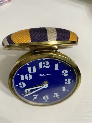 Vintage Clock Bulova Travel Clock Round Blue Face Fabric Germany 1960's Vibe Cover