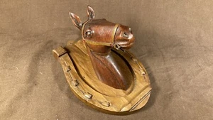 Antique Horse Head Horse Shoe Plaque Wooden Carving Hanging Carved Good Luck - Picture 1 of 13