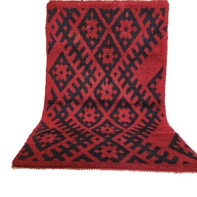 Vintage Handmade Moroccan Rug Fringe 4'7x3' Red Geometric Design Unique Carpet - Image 1 of 4