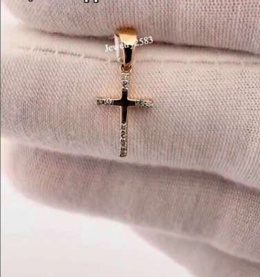 Real Natural Diamond 10k Real Yellow Gold Tiny Cross Pendant For Women's - Image 1 of 4