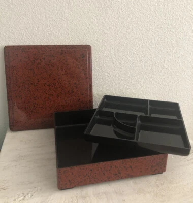 Vintage Bento Box 5 Compartments  Red w/ Black Specks Serving Japanese 3x9x9” - Image 1 of 4