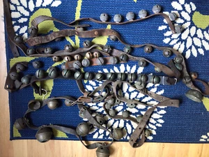 Antique Country Horse Sleigh Bells Brass Leather Straps Large Lot - Picture 1 of 6