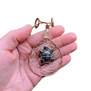 Whimsical Hematite Turtle Dreamcatcher Pendant Silver & Copper Wire Wrap Jewelry - Picture 1 of 9
