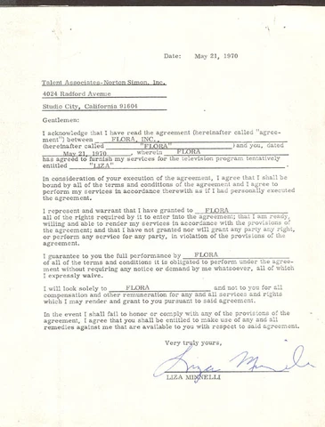 LIZA MINNELLI - CONTRACT SIGNED 05/21/1970 Cover