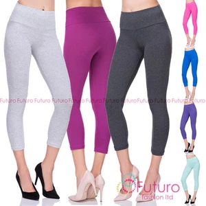 High Waist Cropped 3/4 Length Cotton Capri Leggings with Control Panel LWP34 - Picture 1 of 25