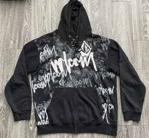 Y2K Volcom Black Full Zip Up Hoodie Sweatshirt Herren - XL - Fleckig - Lesen - Bild 1 von 8