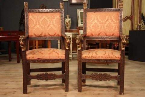 Antique carved thrones masks Italian chairs 800 19th century armchairs Cover