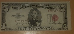 1953 $5 RED SEAL MISALIGNED 3RD PRINT SHIFT W/CUTTING ERROR NOTE.XF - Picture 1 of 4