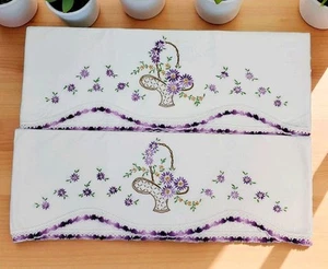 Vintage Handmade Embroidered Pillowcases Purple Basket Flowers Floral Standard - Picture 1 of 6