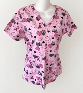 Cherokee Valentine's Breast Cancer Hearts Owls Medical Scrub Top Small - Picture 1 of 8