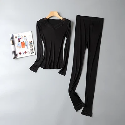 Женщин шелк тепловой мягкий кружева длинный Джонс верх и низ комплект шелковое нижнее белье шелковицы - Изображение 1 из 4