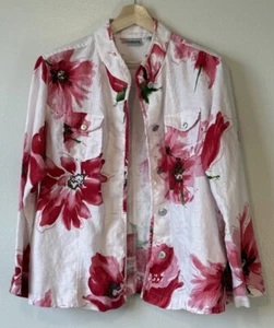 Chicos Vintage Linen Floral Shacket Size 3 Off White Red MOP Buttons Pockets - Picture 1 of 10
