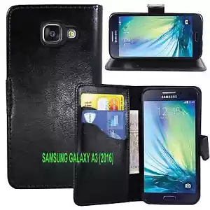NUEVA CARTERA NEGRA CUERO GEL FUNDA CON RANURA PARA TARJETAS PARA Samsung Galaxy A3 (2016) uk - Imagen 1 de 8