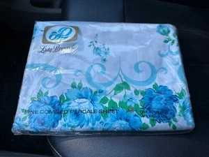 Vintage New Double Flat Sheet Lady Pepperell white/blue flowers 81 X 108 Cotto - Picture 1 of 4