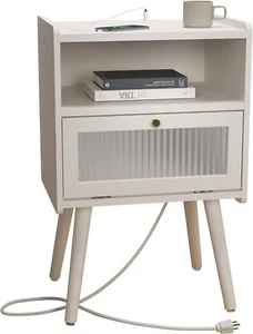 Mid Century Modern Nightstand with Charging Station, Bedside Tables with Glass D - Picture 1 of 3