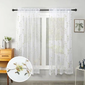 Floral White Sheer Curtains Flower Print Vine Embroidery Bedroom Curtain Rod Poc - Picture 1 of 8