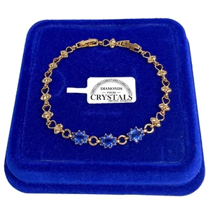 Bracciale Tennis Fiori Blu pl. oro Giallo 18k con cristalli Zirconi B33 - Foto 1 di 6