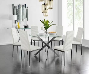 Novara Chrome Round Glass Dining Table 120cm & 6 Black Leg Chairs Furniture Set - Picture 1 of 40