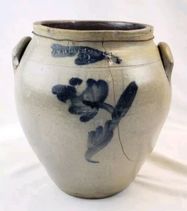 Antique EARLY Salt Glazed Stoneware N. White Utica NY Ovoid Crock Primitive 2gal - Picture 1 of 17