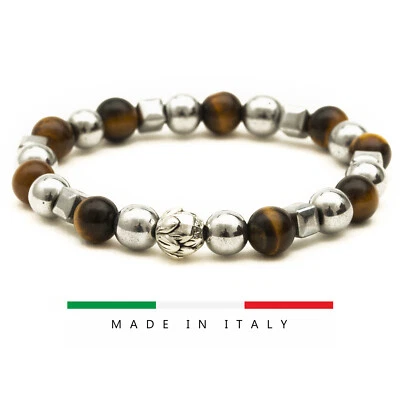Bracciale da uomo braccialetto sfere ACCIAIO occhio TIGRE ematite fiore argento  - Immagine 1 di 4