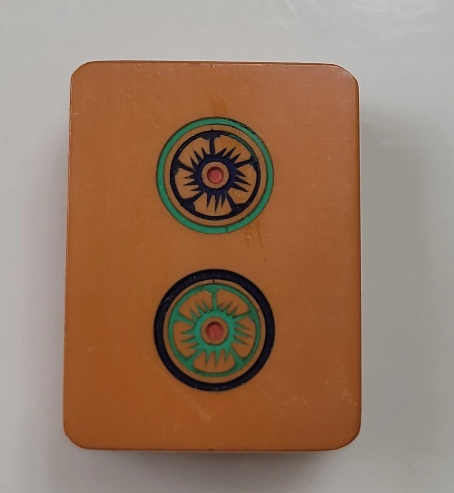 Chinese Bakelite Mahjong One 2 Dot Only Tile Carved Replacement For Set Flower - Image 1 of 4