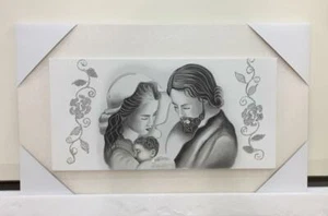 QUADRO SACRA FAMIGLIA CON CORNICE IN LEGNO COLOR GHIACCIO E GLITTER 76x46 cm - Picture 1 of 3