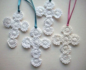 Lot of 4 White Handmade crocheted cross Bible bookmarks - Picture 1 of 2