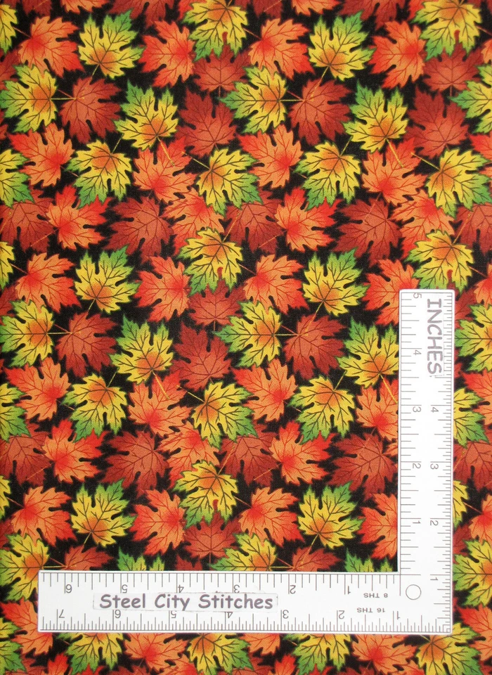 Hojas de árbol de arce hoja de otoño en tela de algodón negro Santee por yarda Foto 1 de 1