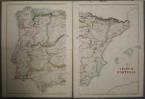 SPAIN PORTUGAL GIBRALTAR 1863 WELLER & DISPATCH ATLAS ANTIQUE TWO SHEETS MAP