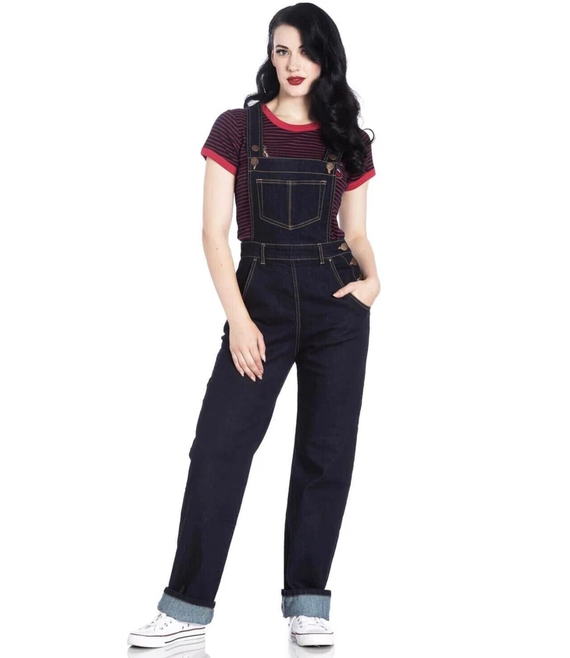 Hell Bunny Elly Puede 40s 50s Azul Marino Peto Vaquero - Imagen 1 de 4