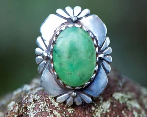 925 Sterlingsilber Silber Handgefertigter Ring mit grünem Türkis Indianer - Bild 1 von 9