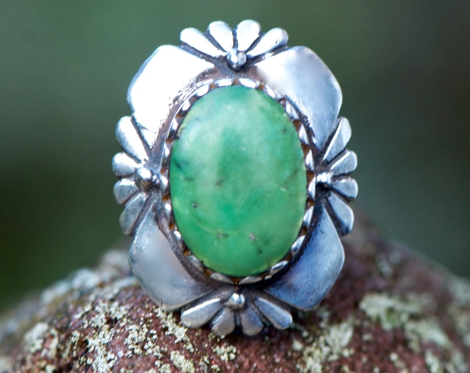 925 Sterlingsilber Silber Handgefertigter Ring mit grünem Türkis Indianer - Bild 1 von 4