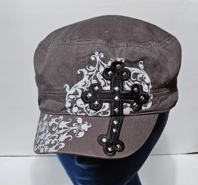 Y2K женщин блестящий военный кадет шляпа Affliction стиль острый готический хлопок M/L - Изображение 1 из 4