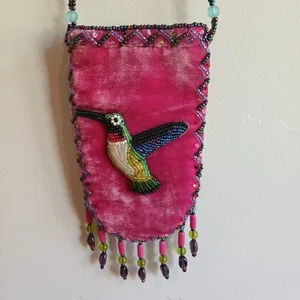 Vintage Handmade Beaded Small Crossbody Pouch Bag Hummingbird Pink Velvet - Picture 1 of 8